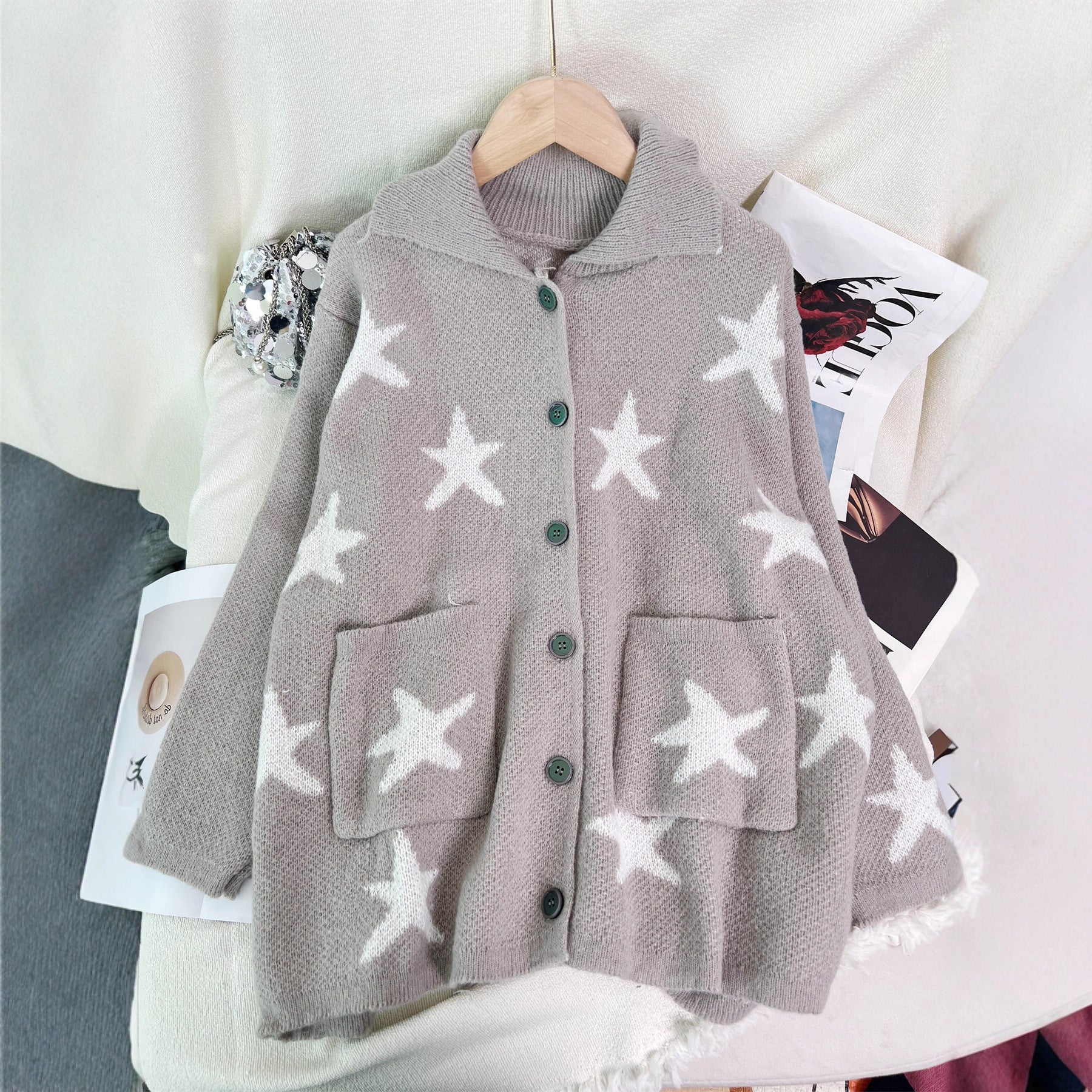 Damen Strickjacke Sternenmotiv Taschen Norvielle - Norvielle