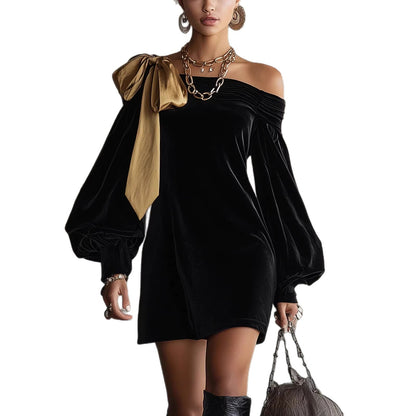 Damen Mini-Kleid Asymmetrischer Ausschnitt Puffärmel Norvielle