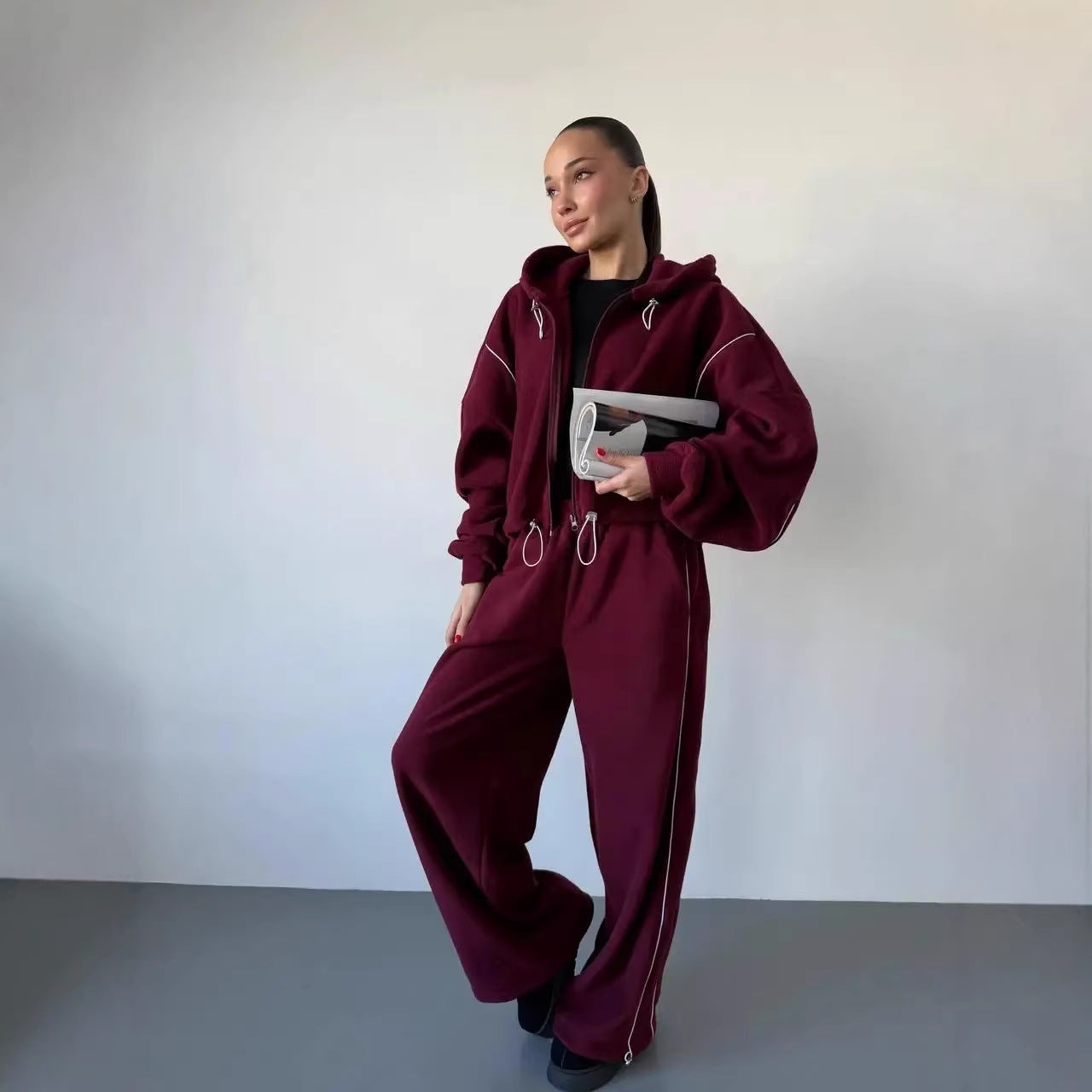 Damen Sweatanzug Kapuzenpullover Weite Hose Seitenstreifen Norvielle