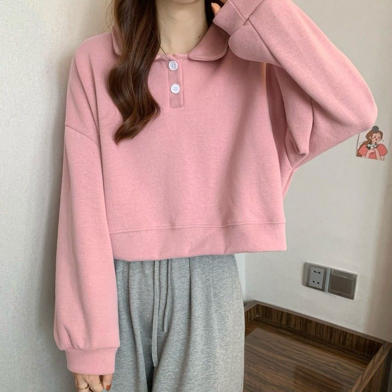 Damen Sweatshirt Kurzarm mit Kragen und Knöpfen Norvielle