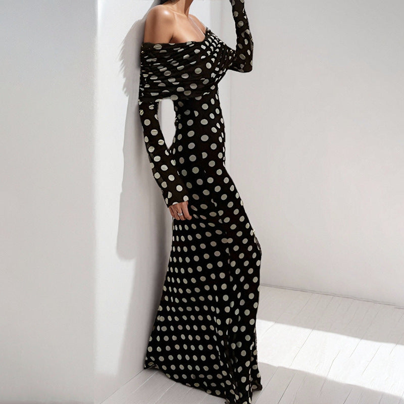 Damen Maxikleid Off-Shoulder Polka-Dot Muster