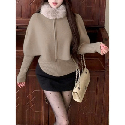 Damen Strickcape Abnehmbarer Pelzkragen Norvielle