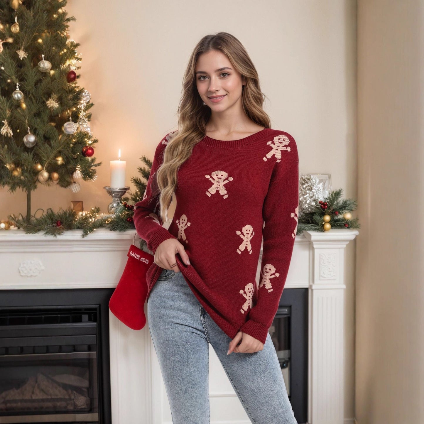 Damen Strickpullover Lebkuchenmotiv Weitschnitt Norvielle