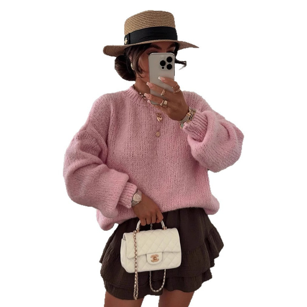 Damen Strickpullover Oversized Voluminöse Ärmel Beige