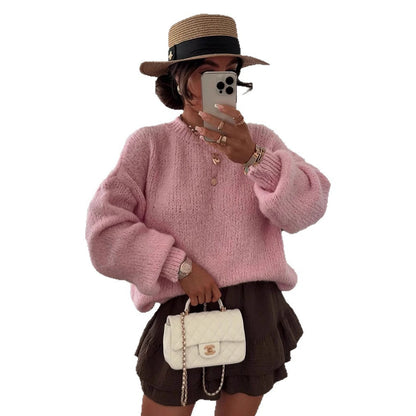 Damen Strickpullover Oversized Voluminöse Ärmel Beige