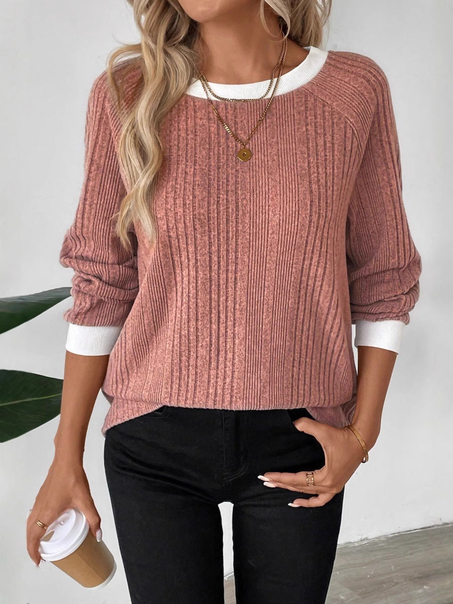 Damen Pullover Lässig Rippenstrick Kontrastbesatz Norvielle