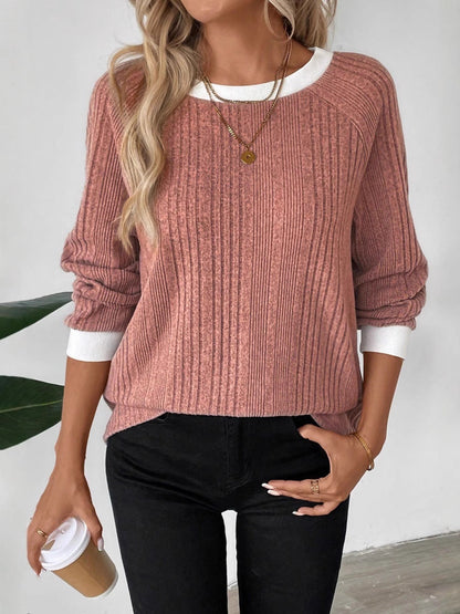 Damen Pullover Lässig Rippenstrick Kontrastbesatz Norvielle