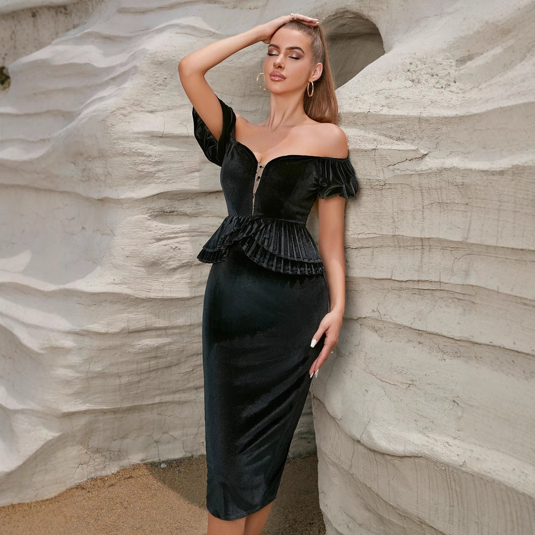 Damen Abendkleid Tailliert Schulterfrei Rüschendetails Norvielle
