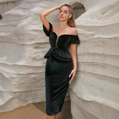 Damen Abendkleid Tailliert Schulterfrei Rüschendetails Norvielle