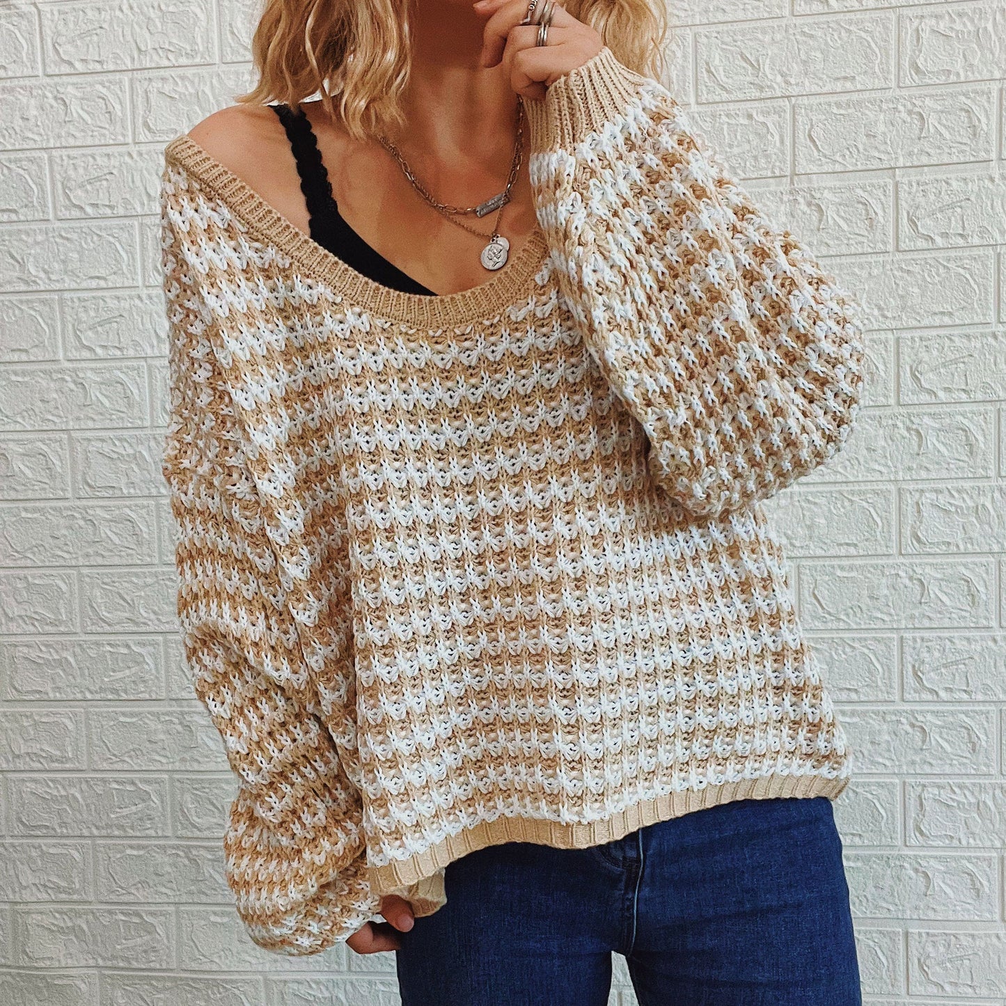 Damen Strickpullover V-Ausschnitt Weit Norvielle
