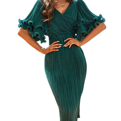 Damen Plisseekleid Voluminöse Rüscheärmel Norvielle