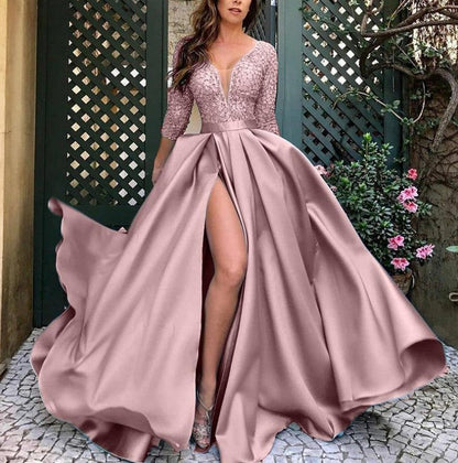 Damen Abendkleid Schimmerstoff V-Ausschnitt Reißverschluss