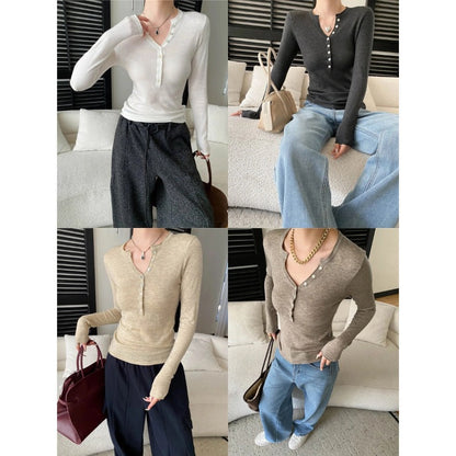 Damen Langarmshirt V-Ausschnitt Dekorative Knöpfe Norvielle