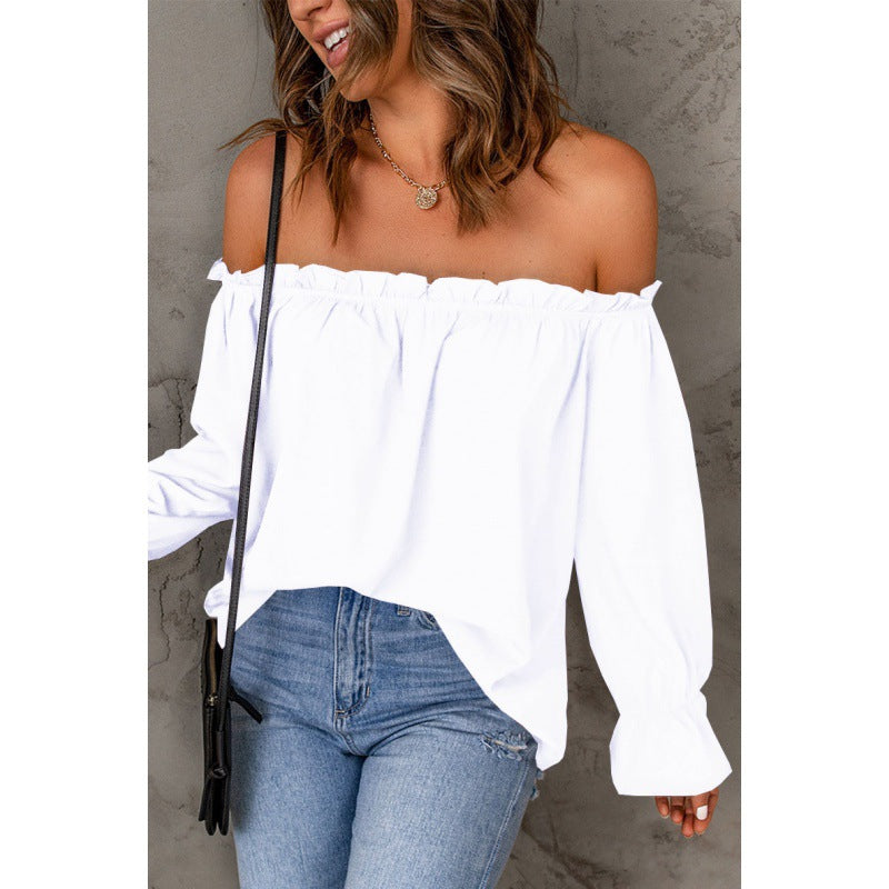 Damen Off-Shoulder Bluse Volantärmel Dekorativer Saum