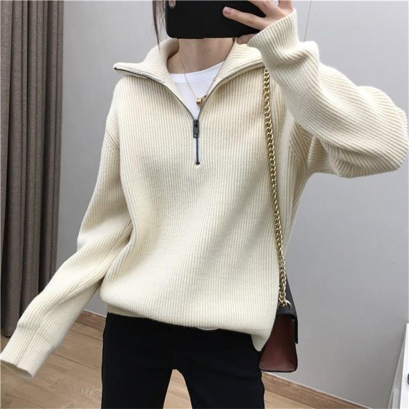 Damen Strickpullover Hochkragen Halbzipp Norvielle