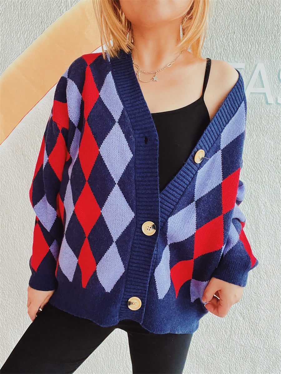 Damen Strickjacke Rautenmuster Große Knöpfe Norvielle