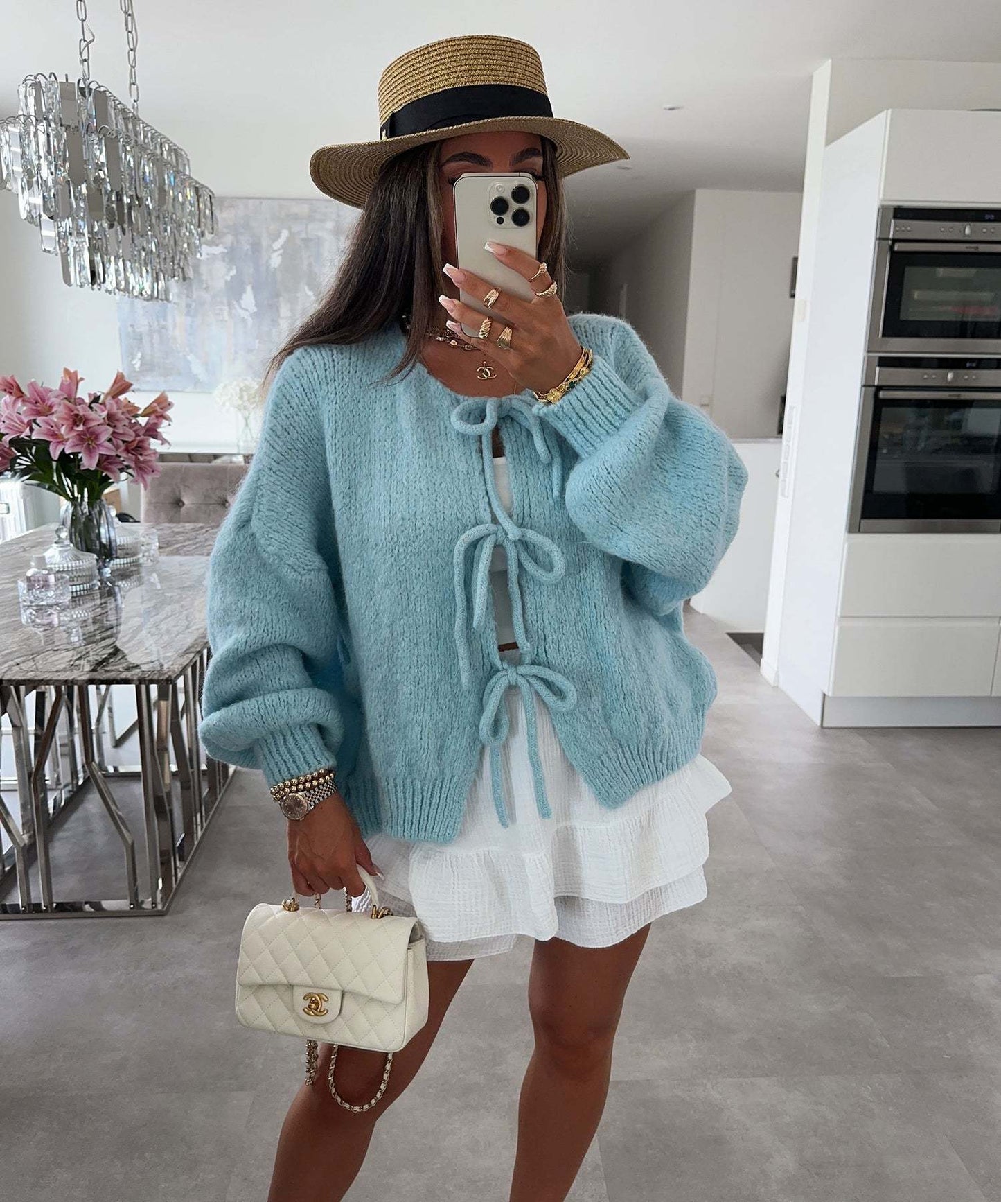 Damen Cardigan Pullover Solid Farbe Rundhals Mit Schnürung