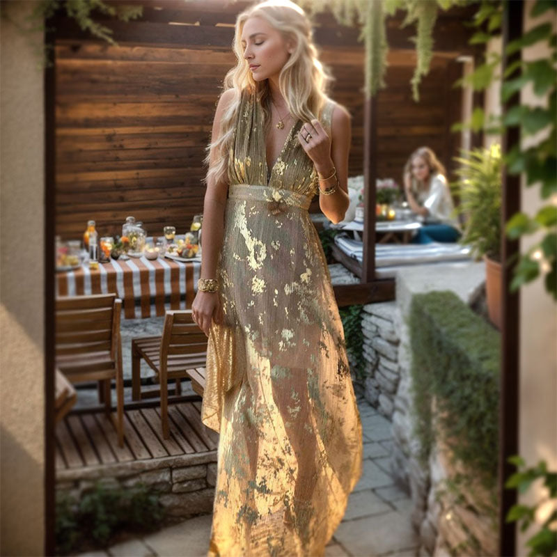 Damen Abendkleid Elegant Fließend Gold Akzente Tiefes V Dekolleté - Norvielle