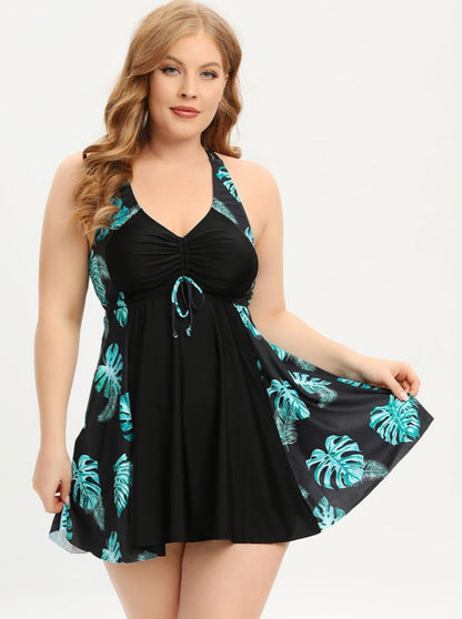 Norvielle Damen Badeanzugkleid Plus Size V-Ausschnitt mit Kreuzträgern