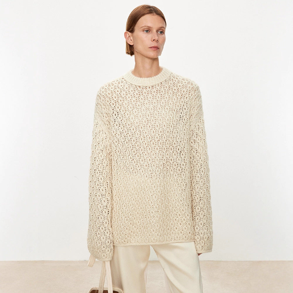 Damen Strickpullover Luftiger Strick Offene Struktur Beige