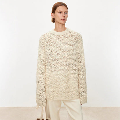 Damen Strickpullover Luftiger Strick Offene Struktur Beige