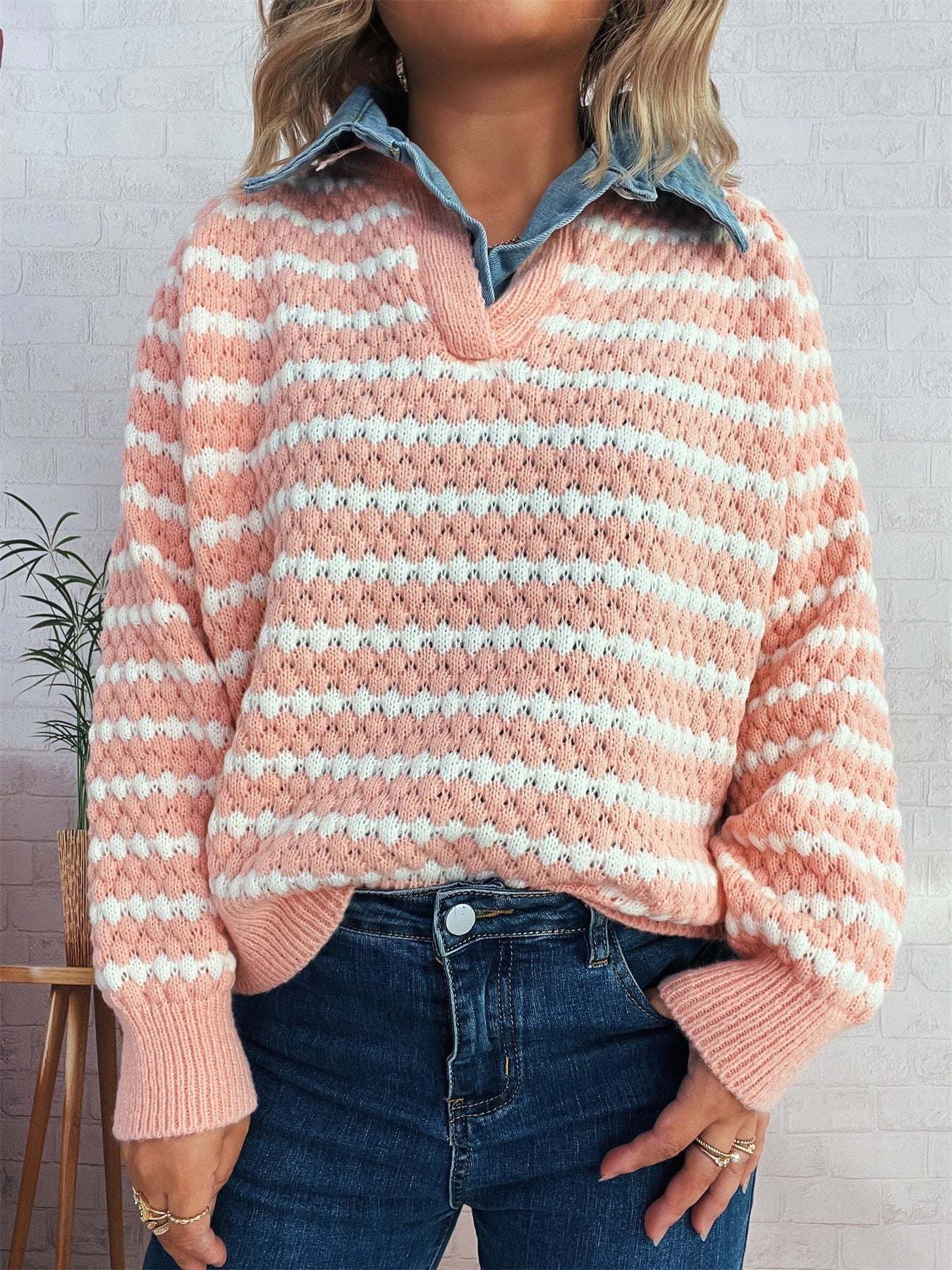 Damen Strickpullover V-Ausschnitt Streifenmuster