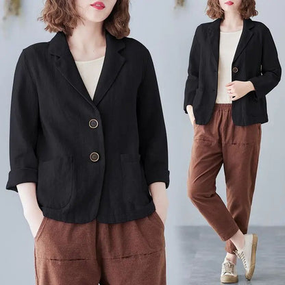 Damen Leinenblazer Lässig Kontrastknöpfe Beige