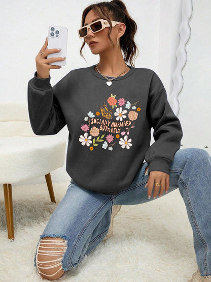 Damen Sweatshirt Floralmuster Baumwolle Weiß