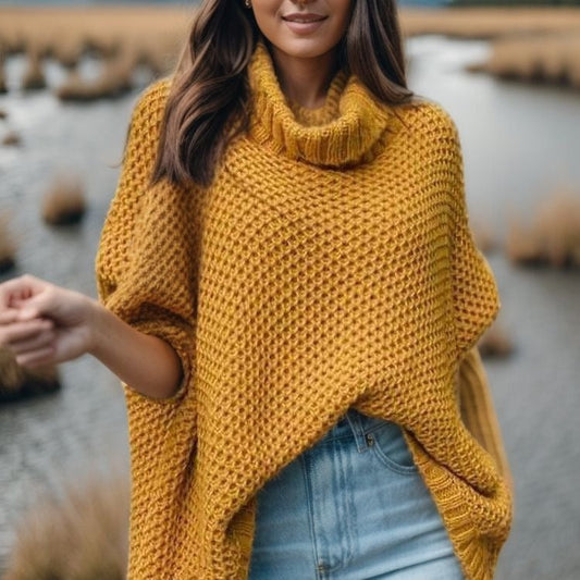 Damen Strickpullover Hochkragen Strukturiert Beige - Norvielle