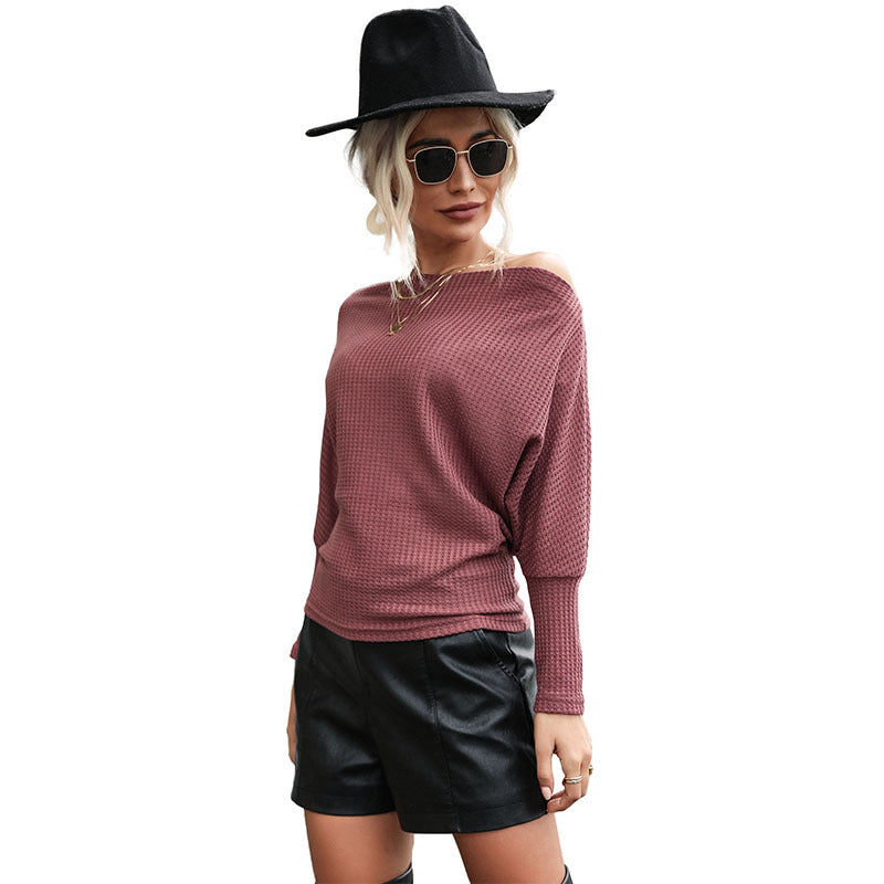 Damen Off-Shoulder Strickpullover Waffelmuster Beige