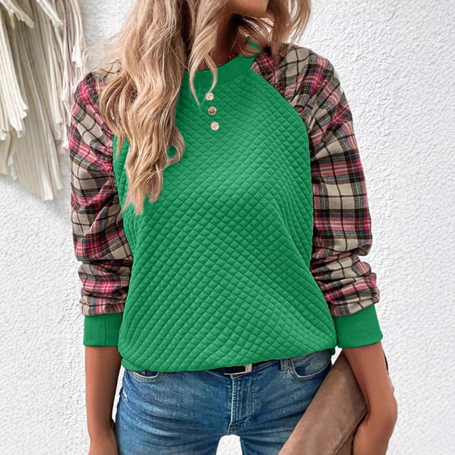 Damen Sweatshirt Gitterstruktur karierte Ärmel Norvielle