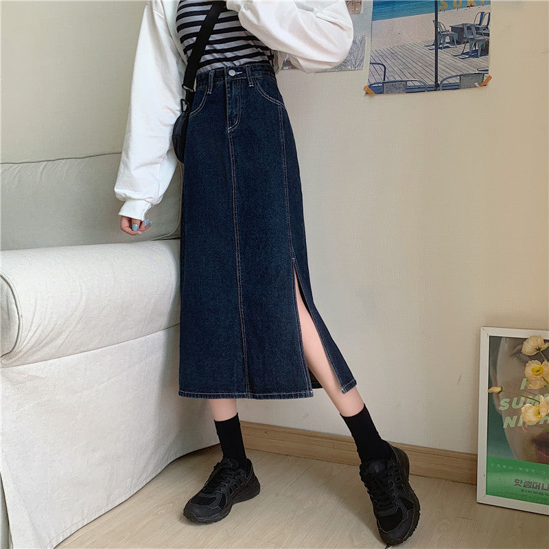 Damen Denim-Rock Lang mit Seiten-Schlitz Blau - Norvielle