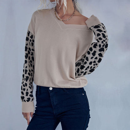 Damen Strickpullover V-Ausschnitt Leopardenmuster Ärmel - Norvielle