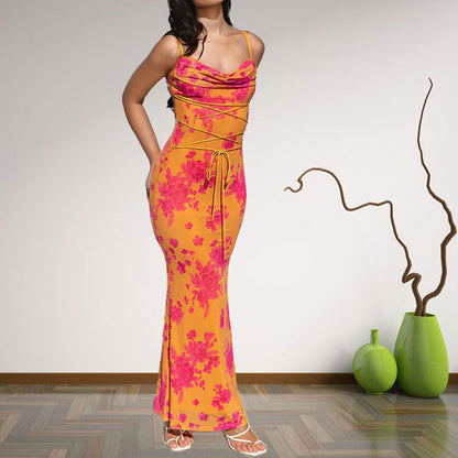 Damen Maxi-Kleid mit Wasserfallausschnitt und Spaghettiträgern