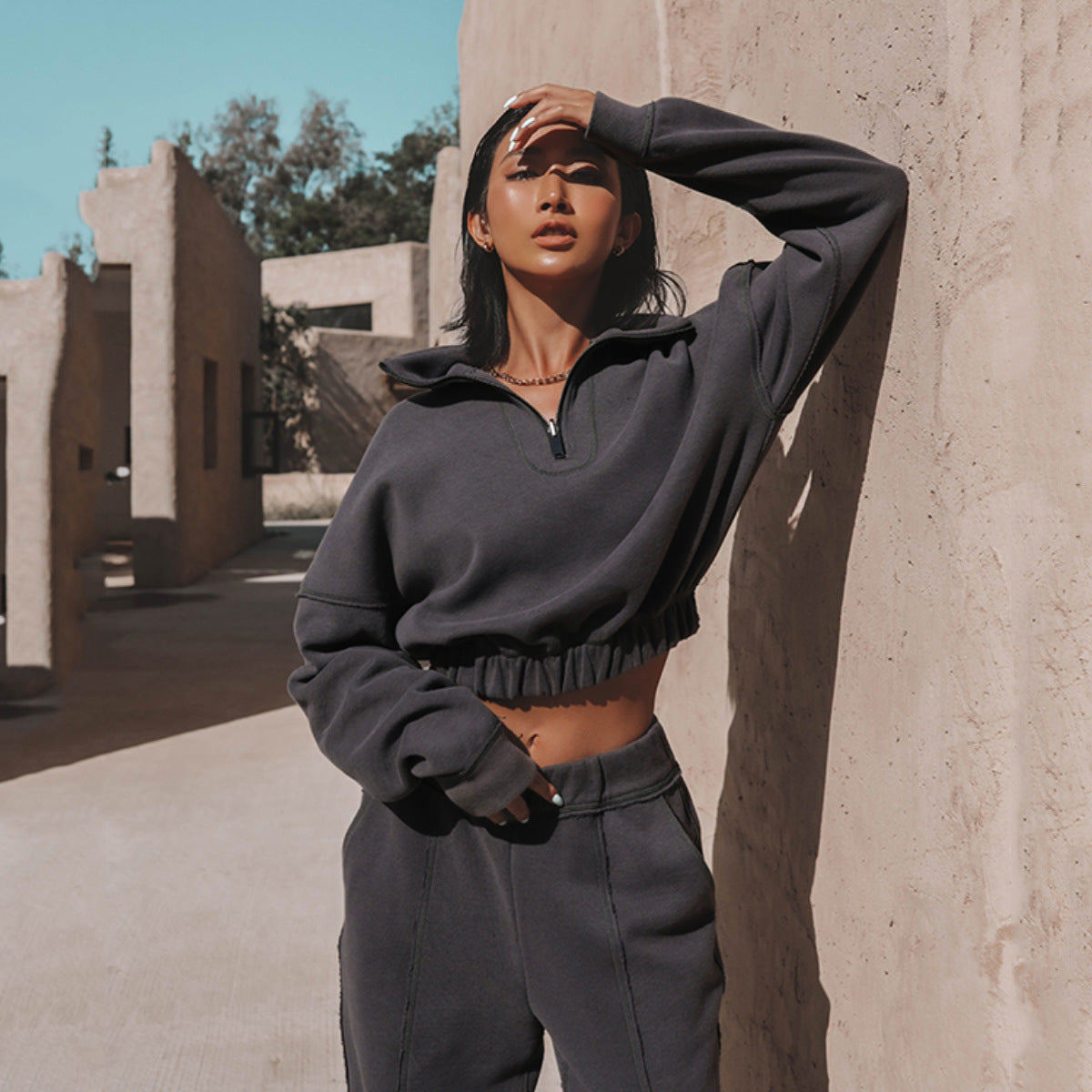 Damen Hoodie Cropped Reißverschluss Gummizug
