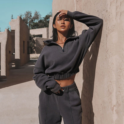 Damen Hoodie Cropped Reißverschluss Gummizug