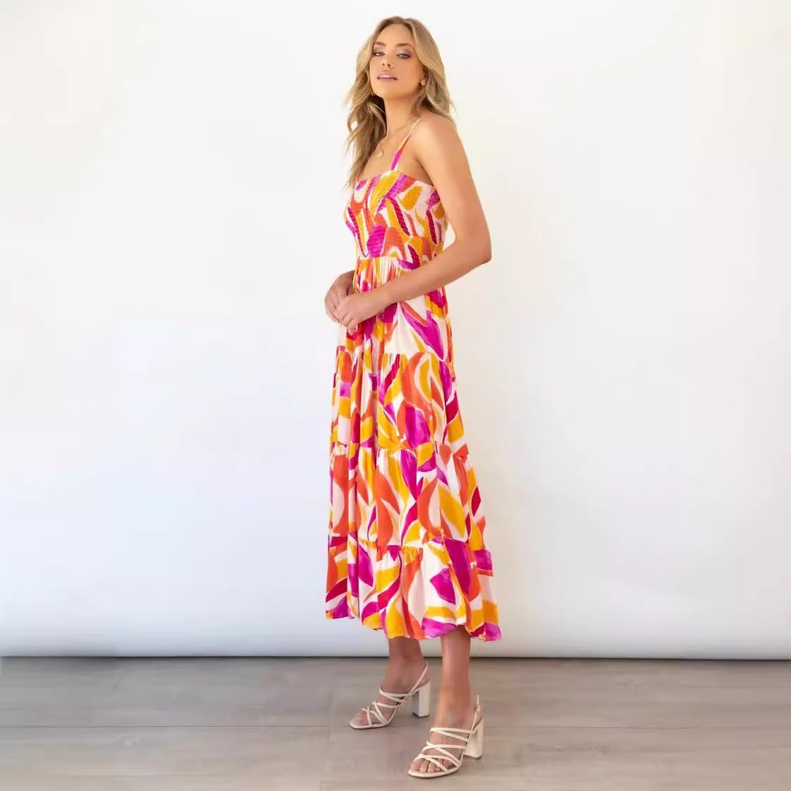 Damen Maxikleid Boho Blumenmuster Elastisch Bunt