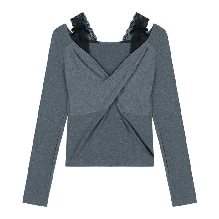 Damen Langarmshirt Spitzenakzent Elegante Raffung Weiß