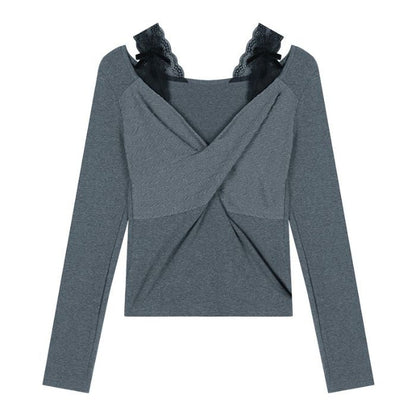 Damen Langarmshirt Spitzenakzent Elegante Raffung Weiß