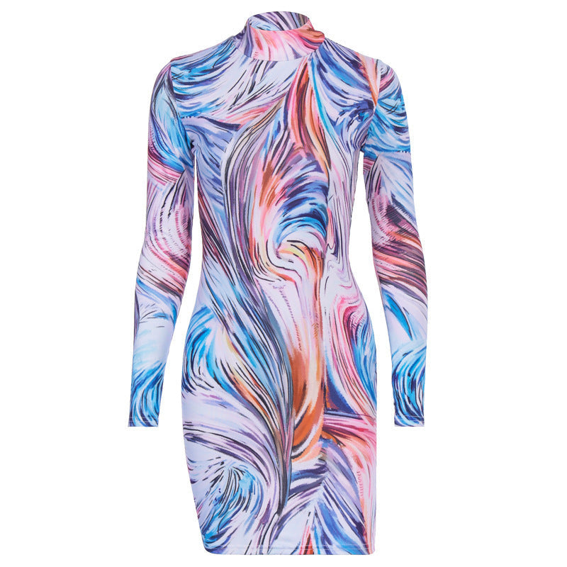 Damen Mini-Kleid Figurbetont Marmormuster Bunt