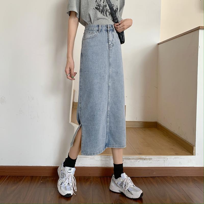 Damen Denim-Rock Lang mit Schlitz Blau - Norvielle