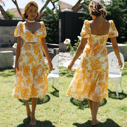 Damen Midi Kleid mit Wasserfall-Ausschnitt und Blumenmustern - Norvielle