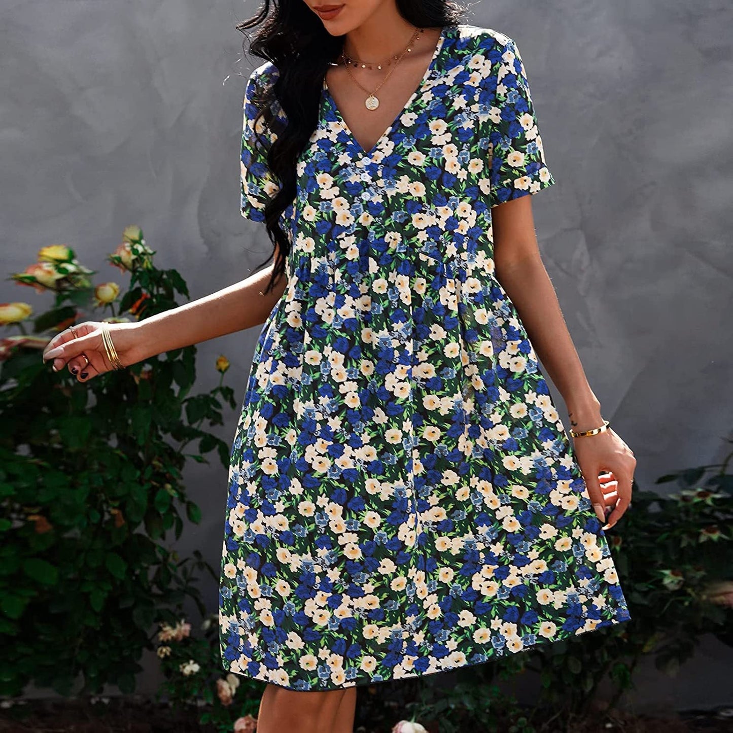 Damen Shift-Kleid V-Ausschnitt Floral Norvielle
