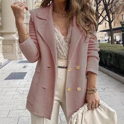 Damen Strickblazer Doppelknopfleiste Strukturiert Anthrazit