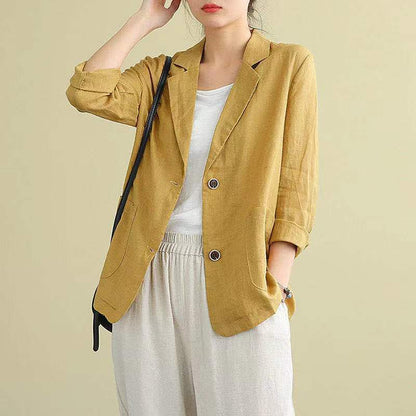 Damen Leinenblazer Lässig Kontrastknöpfe Beige