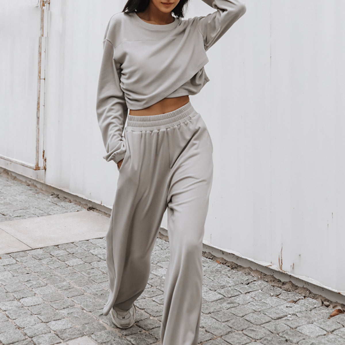 Damen Freizeit-Set Cropped Pullover Weite Hose Norvielle