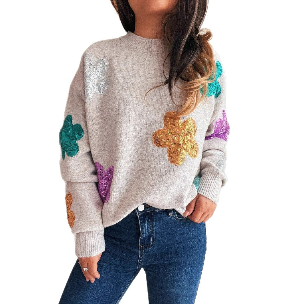Damen Pullover Bunt Paillettenblumen Norvielle