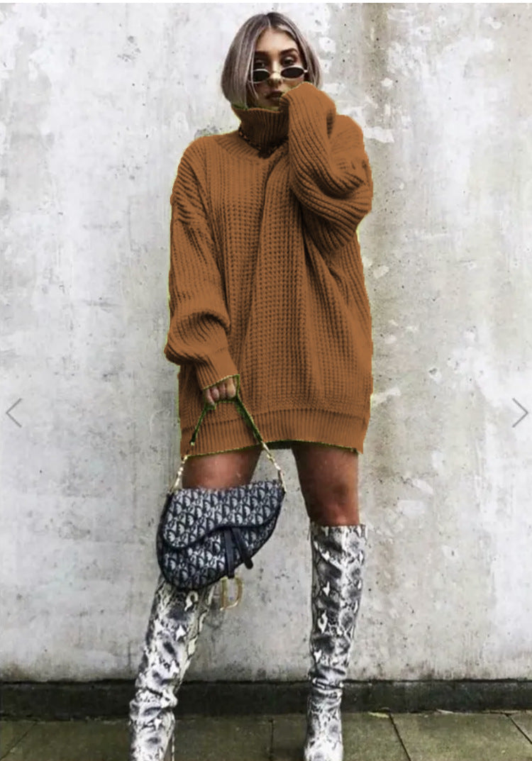 Damen Grobstrickpullover Oversized Hochkragen Beige