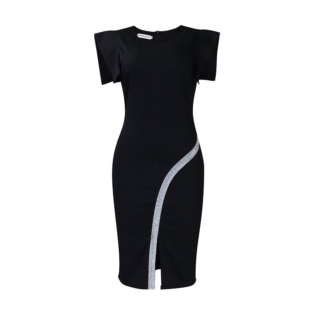 Damen Etui-Kleid mit Kontraststreifen und Puffärmeln