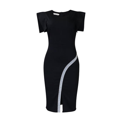 Damen Etui-Kleid mit Kontraststreifen und Puffärmeln